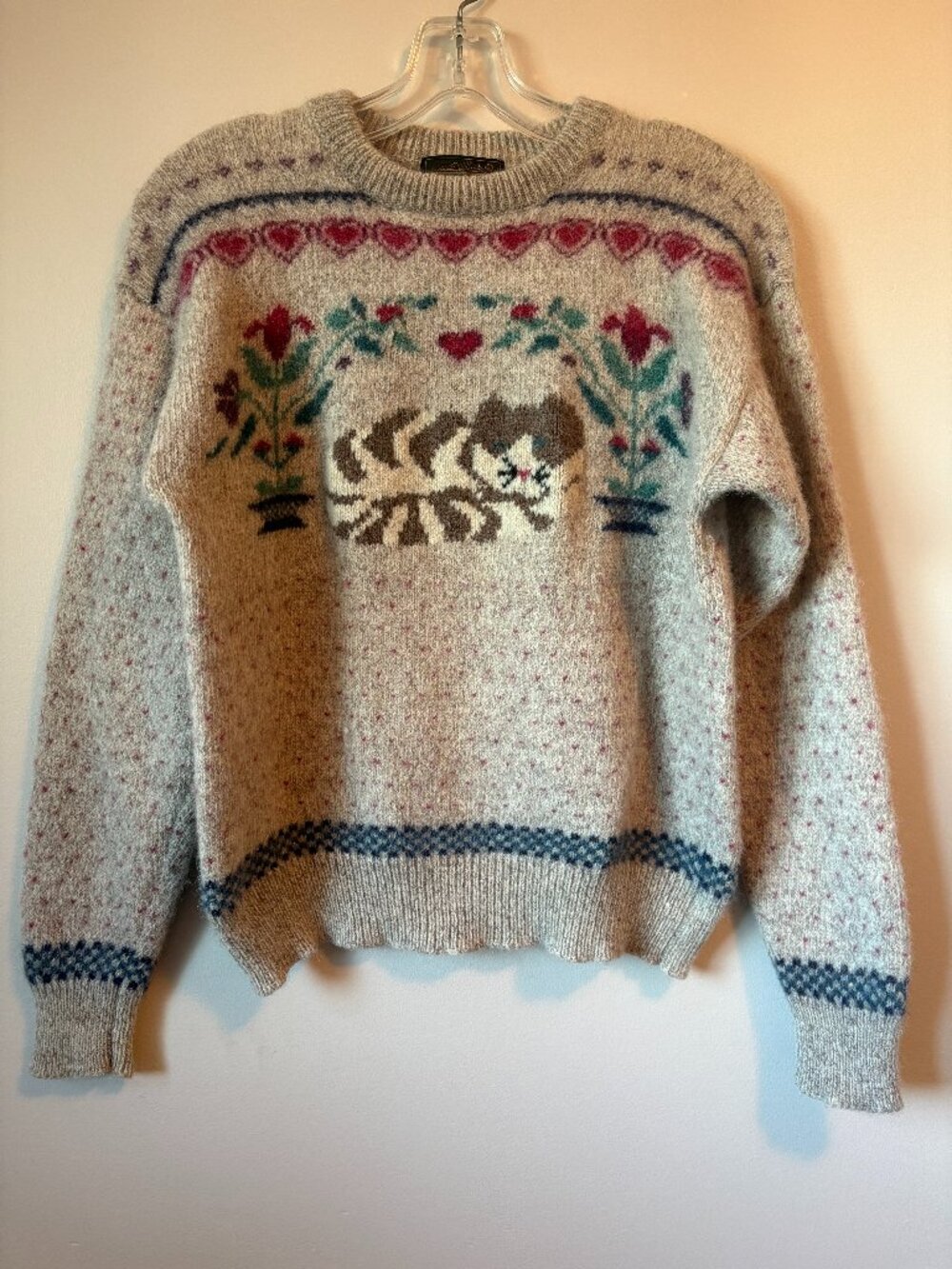 Vintage 1989 Eddie Bauer Cat Heart Wool Pullover Knit Sweater Medium M